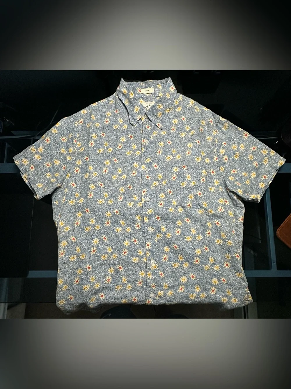 J.Crew Slim Fit 100% Linen Daisy Floral Shirt Mens M Blue Short Sleeve - Medium
